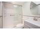 Clean bathroom, featuring a shower/tub combo and updated vanity at 2635 Seville Blvd # 109, Clearwater, FL 33764