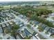 Aerial view of a neighborhood with mature trees, nearby shopping, and a cozy single-Gathering home at 28643 Seashell Ct, Wesley Chapel, FL 33545