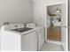 Laundry room featuring newer appliances, a view of open door to the dining room and living room at 28643 Seashell Ct, Wesley Chapel, FL 33545