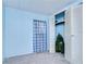 Blue bedroom with carpet flooring, window, and built-in closet at 6141 Ridgewood Dr, Zephyrhills, FL 33542