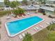 Community pool and patio area with lounge chairs at 1799 N Highland Ave # 136, Clearwater, FL 33755