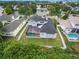 Aerial view of neighborhood home with pool, lake view and mature landscaping at 2930 Swan Cir, Dunedin, FL 34698