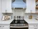 Modern kitchen features stainless steel range and light blue range hood at 3005 Enisglen Dr, Palm Harbor, FL 34683