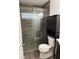 Shower with glass enclosure, toilet and dark wood cabinet at 3830 Stornoway Dr, Land O Lakes, FL 34638