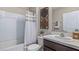 Bathroom with shower/tub combo and single vanity at 2927 Gardiner Ln, Zephyrhills, FL 33541