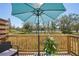 Relaxing deck with umbrella, seating, and view of trees at 4722 Legacy Park Dr, Tampa, FL 33611