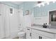 Clean bathroom with white subway tile, a soaking tub, and modern vanity at 6205 Voyagers Pl, Apollo Beach, FL 33572