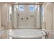 Large walk-in shower with multiple shower heads and plenty of natural light at 28475 Marsciano Ln, Wesley Chapel, FL 33543