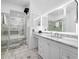 Modern bathroom with double vanity, large mirror, and walk-in shower at 3031 W Asbury Pl, Tampa, FL 33611