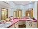 Double vanity bathroom with corner sinks, pink countertop, and decorative accents at 13494 Tyringham St, Spring Hill, FL 34609