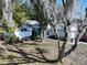 Landscaped front yard view showcases lush greenery, mature trees, and a charming home facade with a red car in driveway at 7923 Leighton Cir, New Port Richey, FL 34654