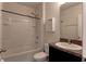 Bathroom with shower/tub combo, vanity with granite countertop at 30755 Summer Sun Loop, Wesley Chapel, FL 33545