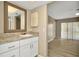 Bathroom vanity with granite countertop, white cabinets, and a decorative mirror at 5205 Landsman Ave, Tampa, FL 33625