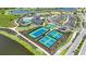 Aerial view of tennis and pickleball courts near a resort-style pool at 2001 Longliner Loop, Wesley Chapel, FL 33543