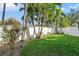 Landscaped backyard with grassy area, palm trees, and white fence at 3925 1St Ne St, St Petersburg, FL 33703