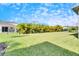 Large backyard with lush grass, palm trees, and a fence at 5612 Limelight Dr, Apollo Beach, FL 33572