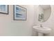 Small powder room with pedestal sink and framed artwork at 6987 Broad River Ave, Land O Lakes, FL 34638