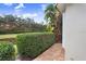 Landscaped backyard with lush greenery and brick pathway at 2867 Grey Oaks Blvd, Tarpon Springs, FL 34688
