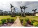 Expansive front yard featuring a brick walkway, lush landscaping, and mature palm trees offering a picturesque setting at 6367 Foxbrook Trl, Parrish, FL 34219