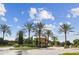 A gated community entrance featuring meticulously maintained landscaping and towering palm trees at 11125 Callisia Dr, Odessa, FL 33556