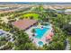 An aerial view of community resort-style swimming pool area with a hot tub and covered seating at 11125 Callisia Dr, Odessa, FL 33556