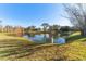 Peaceful pond view with grassy shoreline at 125 Falling Water Dr, Brandon, FL 33511