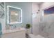 Bathroom showcasing a glass shower door, white vanity with lighted mirror, and coordinated wall decor at 1902 4Th E St, Palmetto, FL 34221
