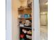 Well-organized pantry with shelves for food and supplies at 37804 Prairie Rose Loop, Zephyrhills, FL 33542