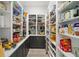 Well-stocked walk-in pantry with custom shelving and beautiful countertops for ample storage and organization at 2502 S Dundee St, Tampa, FL 33629