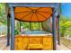 Hot tub under a covered gazebo with wooden surround at 604 Pennsylvania Ave, Crystal Beach, FL 34681