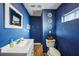 Blue bathroom featuring a vanity with storage, a toilet, and decorative mirrors on the wall at 612 12Th S Ave, St Petersburg, FL 33701