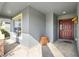 Inviting front entry with terracotta pot and red door at 24745 Portofino Dr, Lutz, FL 33559