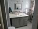 Modern bathroom featuring gray vanity with white countertop and stylish tiled backsplash at 3060 64Th N Ave, St Petersburg, FL 33702