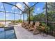 Screened in pool area with views of the water and a row of rocking chairs at 1893 Riveredge Dr, Tarpon Springs, FL 34689