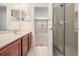 Bathroom with wood cabinets and a walk-in shower at 26914 Juniper Bay Dr, Wesley Chapel, FL 33544