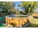 Above-ground pool in need of some TLC, surrounded by lush landscaping at 5043 Mockingbird Dr, Dade City, FL 33523