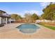 A backyard with a stone pool deck surrounding a beautiful blue swimming pool at 403 Weeburn Rd, Temple Terrace, FL 33617