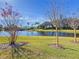 Backyard with lake view and several trees at 15856 Cobble Mill Dr, Wimauma, FL 33598