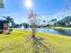 Landscaped backyard with lake view, lush grass, and flowering plants at 15856 Cobble Mill Dr, Wimauma, FL 33598