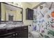 Bathroom with granite vanity, floral shower curtain at 1801 E Lake Rd # 15C, Palm Harbor, FL 34685