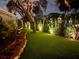 Landscaped backyard at night with lighting and artificial turf at 15927 Ternglade Dr, Lithia, FL 33547