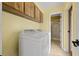 Laundry room featuring side-by-side washer and dryer, overhead cabinet and doorway to the bathroom at 3903 Sand Dollar Pl, Tampa, FL 33634