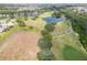 Scenic aerial view of golf course community with beautiful landscaping and ponds at 970 Pembroke Point Way, Sun City Center, FL 33573