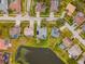 Aerial view of a neighborhood with a central pond, each house with its own screened pool at 13001 Prestwick Dr, Riverview, FL 33579