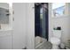 Bathroom with navy blue shower and patterned tile floor at 1501 N Morgan St # 7, Tampa, FL 33602