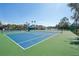 Well-kept tennis courts with blue and green surfaces, shaded seating, and picturesque landscaping at 2813 Punta Palma Ct, Holiday, FL 34691