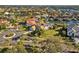 Aerial view of a waterfront neighborhood featuring palm trees, well-maintained lawns and gardens, and a cul-de-sac at 952 Symphony Isles Blvd, Apollo Beach, FL 33572