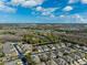 Aerial view of houses, pond and tree line at 31806 Larkenheath Dr, Wesley Chapel, FL 33543