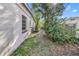 View of the backyard with an overgrown path between the house and fence at 90 Huron Ave, Tampa, FL 33606