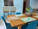 A modern dining area next to a breakfast bar featuring natural textures and vibrant blue accents at 12361 114Th St, Largo, FL 33778